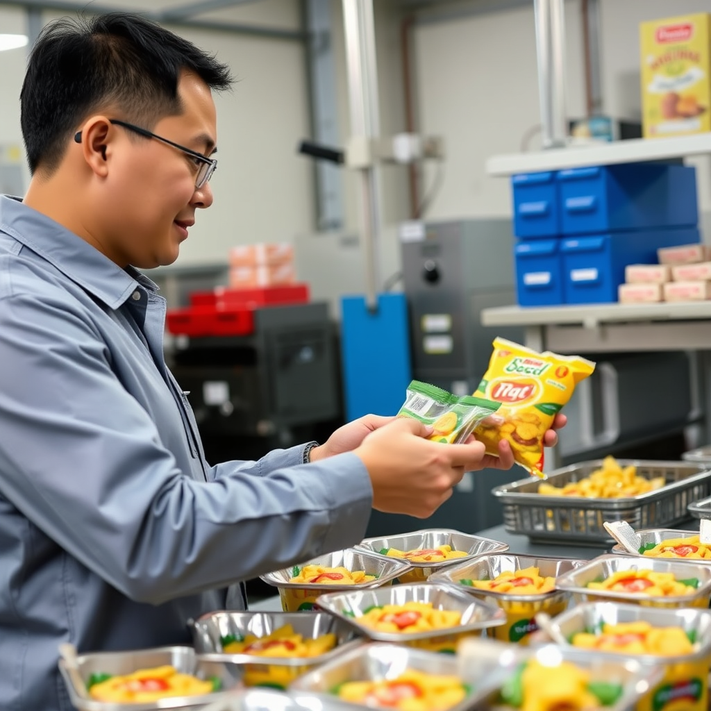A professional buyer inspecting snack products in a Thai factory, ensuring quality and authenticity. The setting should be professional and clean, conveying a sense of expertise.