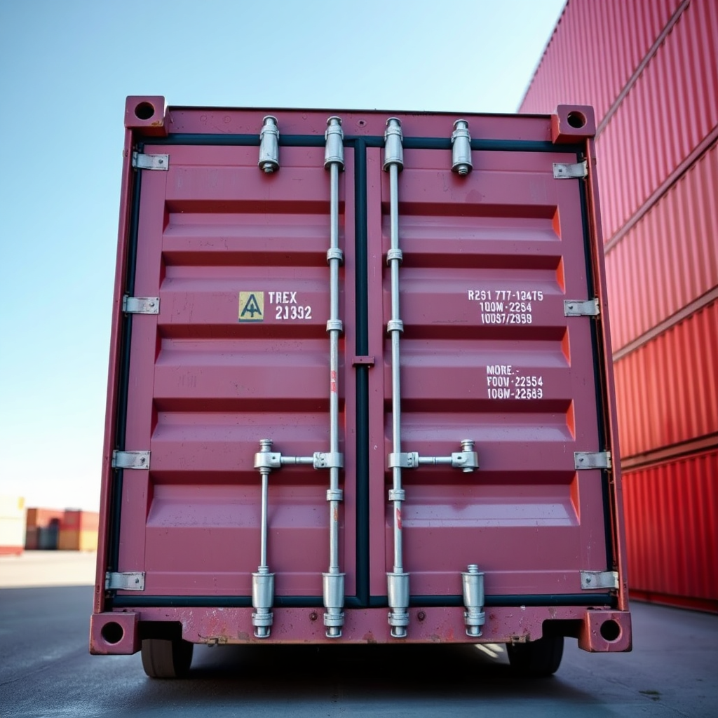 A sturdy shipping container with reinforced construction, representing the reliability and security of our transport solutions. Use a clean and modern design with bold colors.