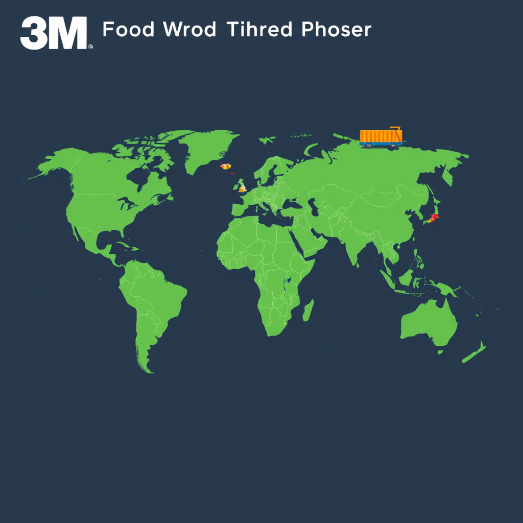 A stylized world map highlighting the countries to which 3M Food Product exports. Use vector graphics with clean lines and a modern aesthetic. Incorporate small icons representing snacks and shipping containers at various points on the map.