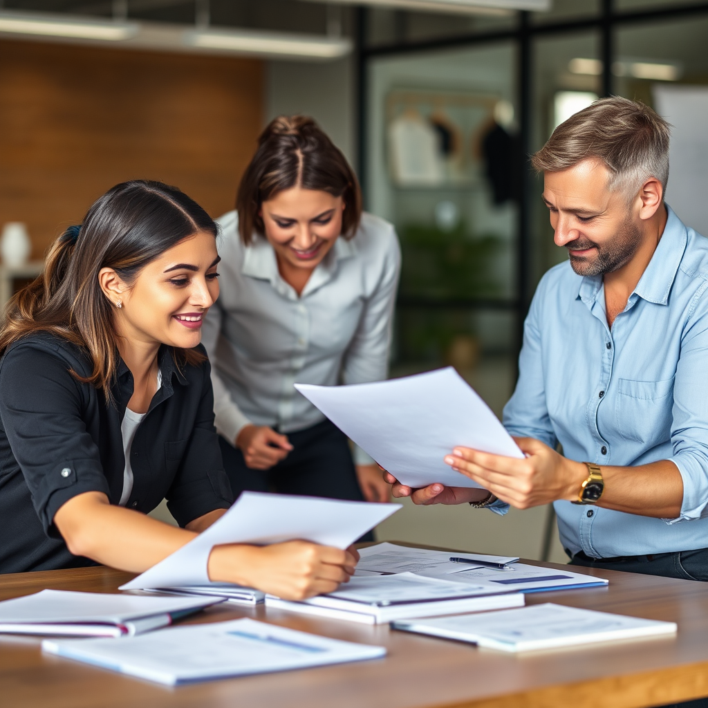 A supportive team helping a client with their import documents. The setting should be professional and friendly, conveying a sense of trust and support.