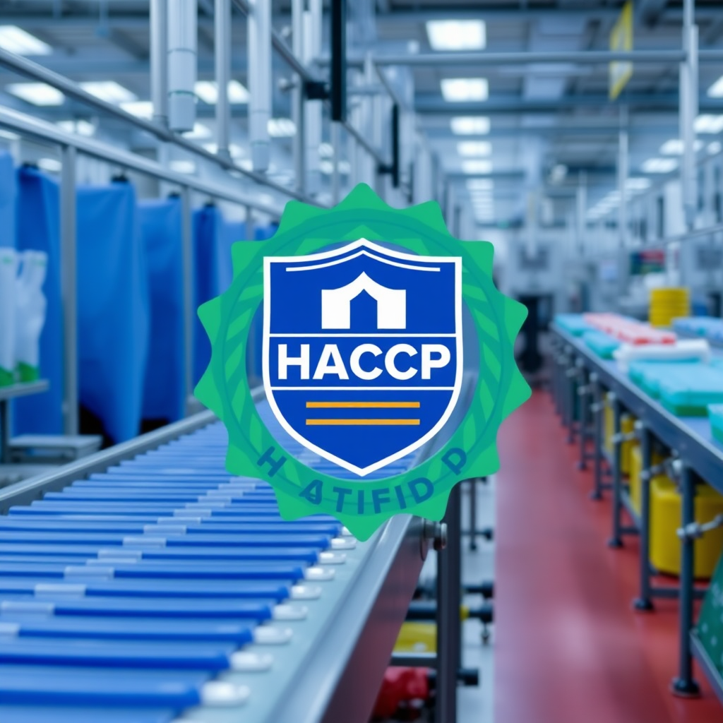 A symbolic representation of HACCP certification. Show a shield or seal with the HACCP logo superimposed on a clean and organized production line. Use colors associated with safety and reliability, such as blue and green.