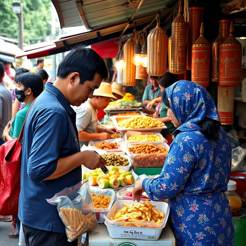 A Thai market scene with local vendors selling snacks. The image should convey authenticity and the origins of the products, with a focus on the vendors and the vibrant market atmosphere.