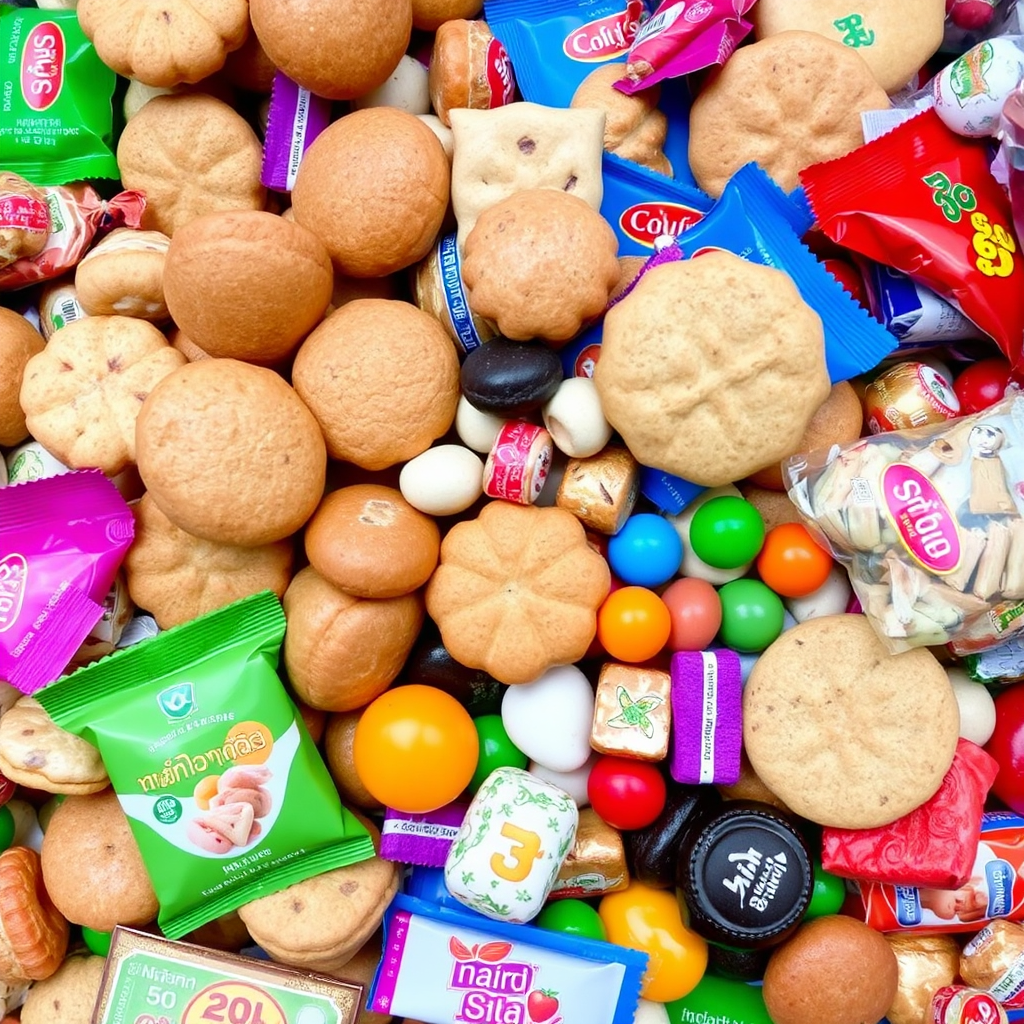 A vibrant collage of various Thai snacks, including biscuits, candies, and other treats. The image should convey variety and abundance, with different colors and textures.