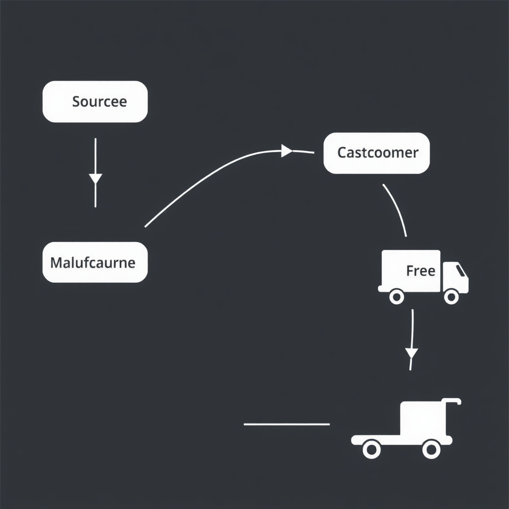 A visual representation of a supply chain, showing interconnected nodes representing sourcing, manufacturing, packaging, and shipping. Use a clean and modern design with arrows indicating the flow of products.