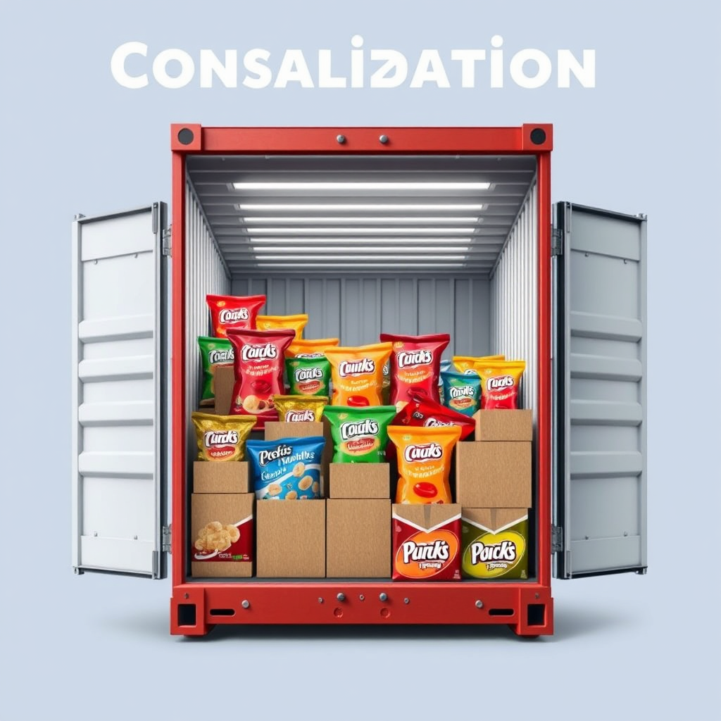 A visual representation of a shipping container being efficiently loaded with various snack products. Use a clean and organized design to emphasize the consolidation process.