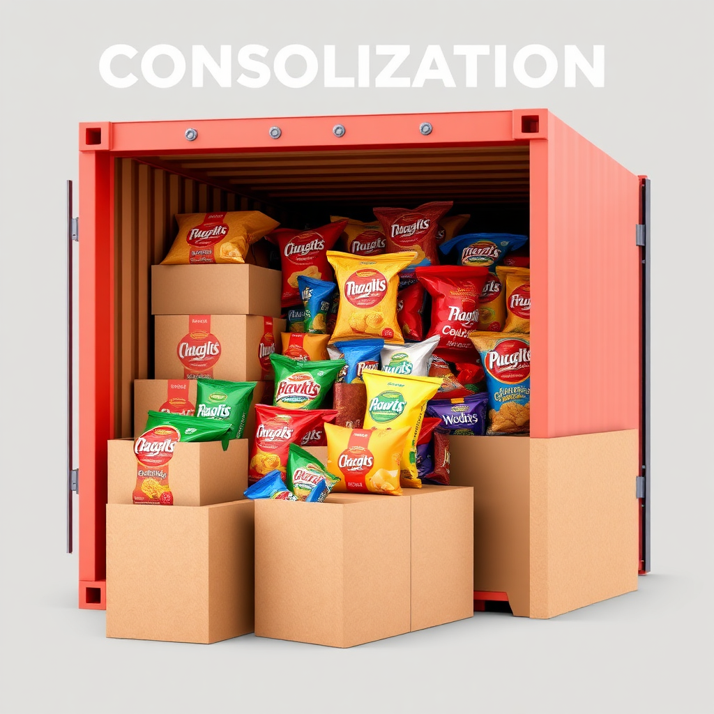A visual representation of a shipping container being efficiently loaded with various snack products. Use a clean and organized design to emphasize the consolidation process.