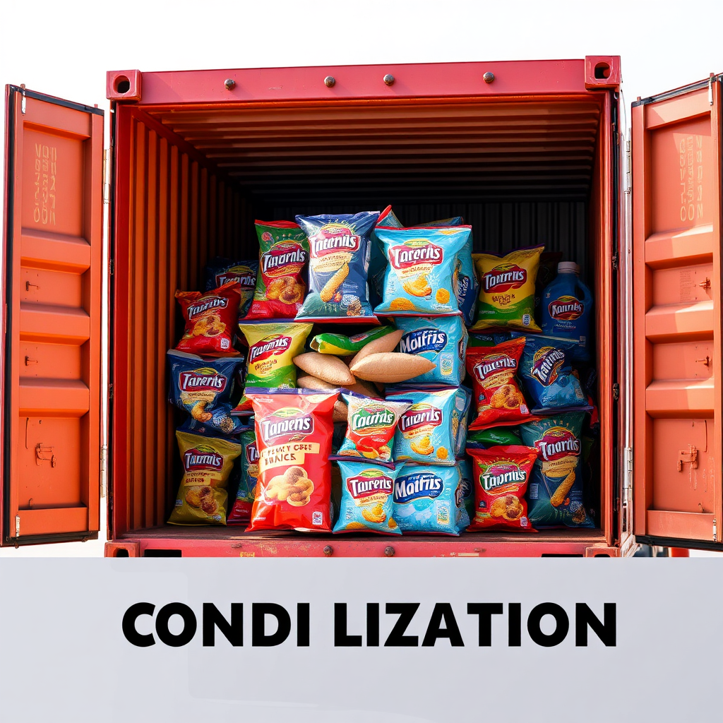 A visual representation of a shipping container being efficiently loaded with various snack products. Use a clean and organized design to emphasize the consolidation process.