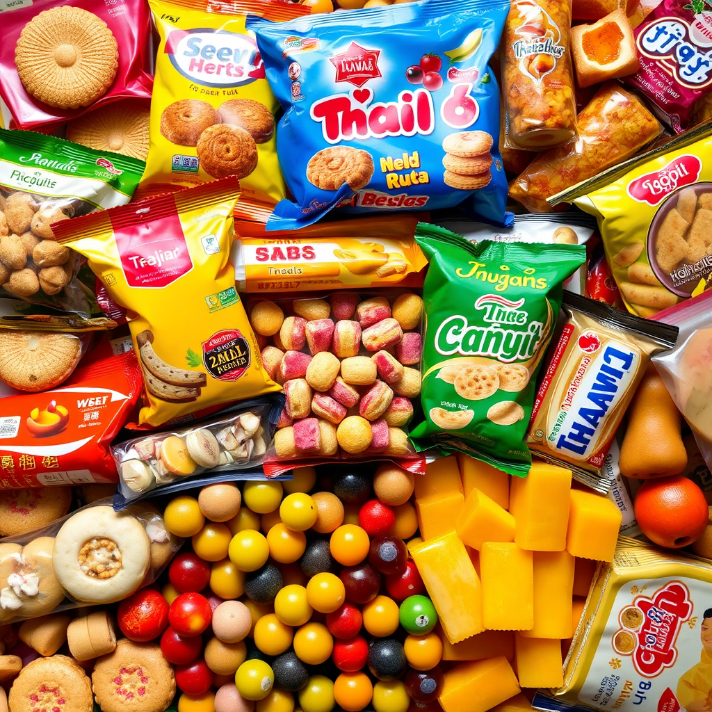 A wide array of Thai snacks, including biscuits, candies, and processed fruits, arranged to showcase their diversity. Use a vibrant color palette to capture the variety of products.