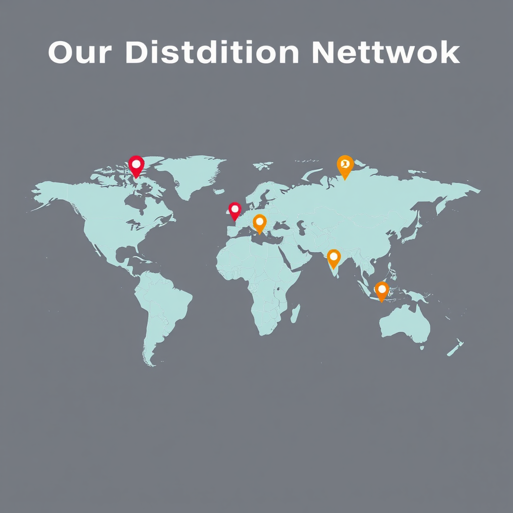 A world map highlighting our distribution network, with pins indicating the locations of our trusted partners. Use a clean and modern design with bold colors.