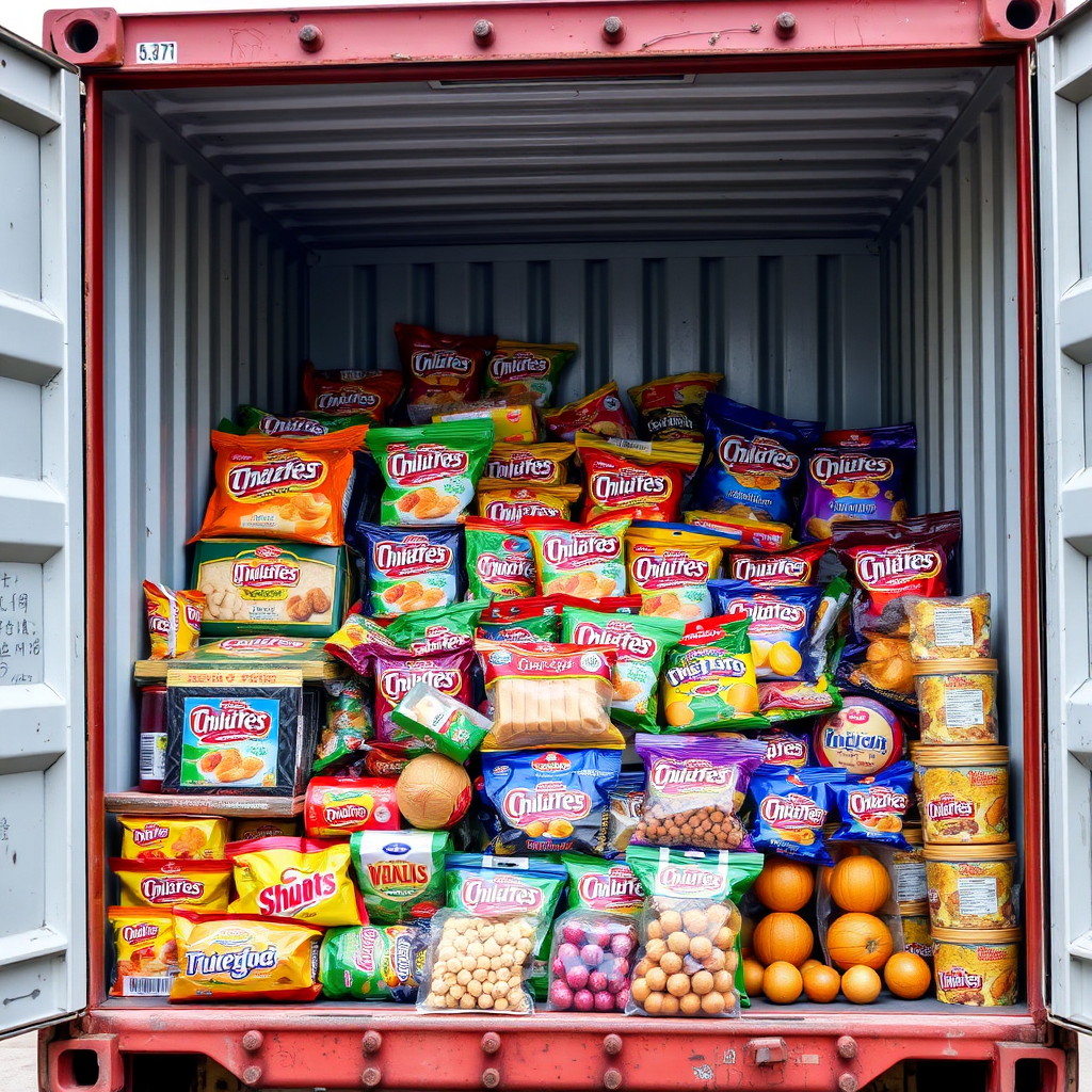 An open shipping container filled with a variety of Thai snacks, including biscuits, candies, and processed fruits. The image should convey ease of access and the diversity of available products.