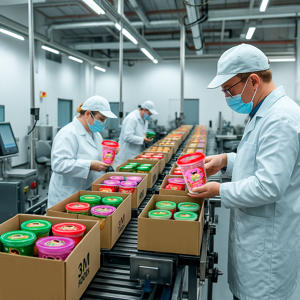 Depict a clean, modern packaging line where workers carefully inspect and pack 3M Food Product's snacks into visually appealing packaging. Show the snacks moving through the packaging process. The scene should be well-lit and orderly, emphasizing the commitment to quality control. The color palette should be clean and bright, with a focus on whites and light blues. Aim for an image that conveys trust and reliability. Style reference: Industrial photography with a focus on quality assurance.