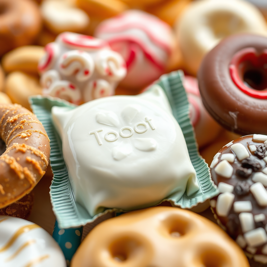 Show a close-up of a selection of snacks and sweets, beautifully arranged to showcase their quality. Use a shallow depth of field to focus attention on the texture and detail of the products.