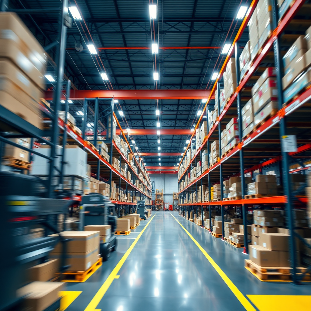 Show a modern warehouse or distribution center with automated systems and efficient processes. The image should convey speed, organization, and reliability.