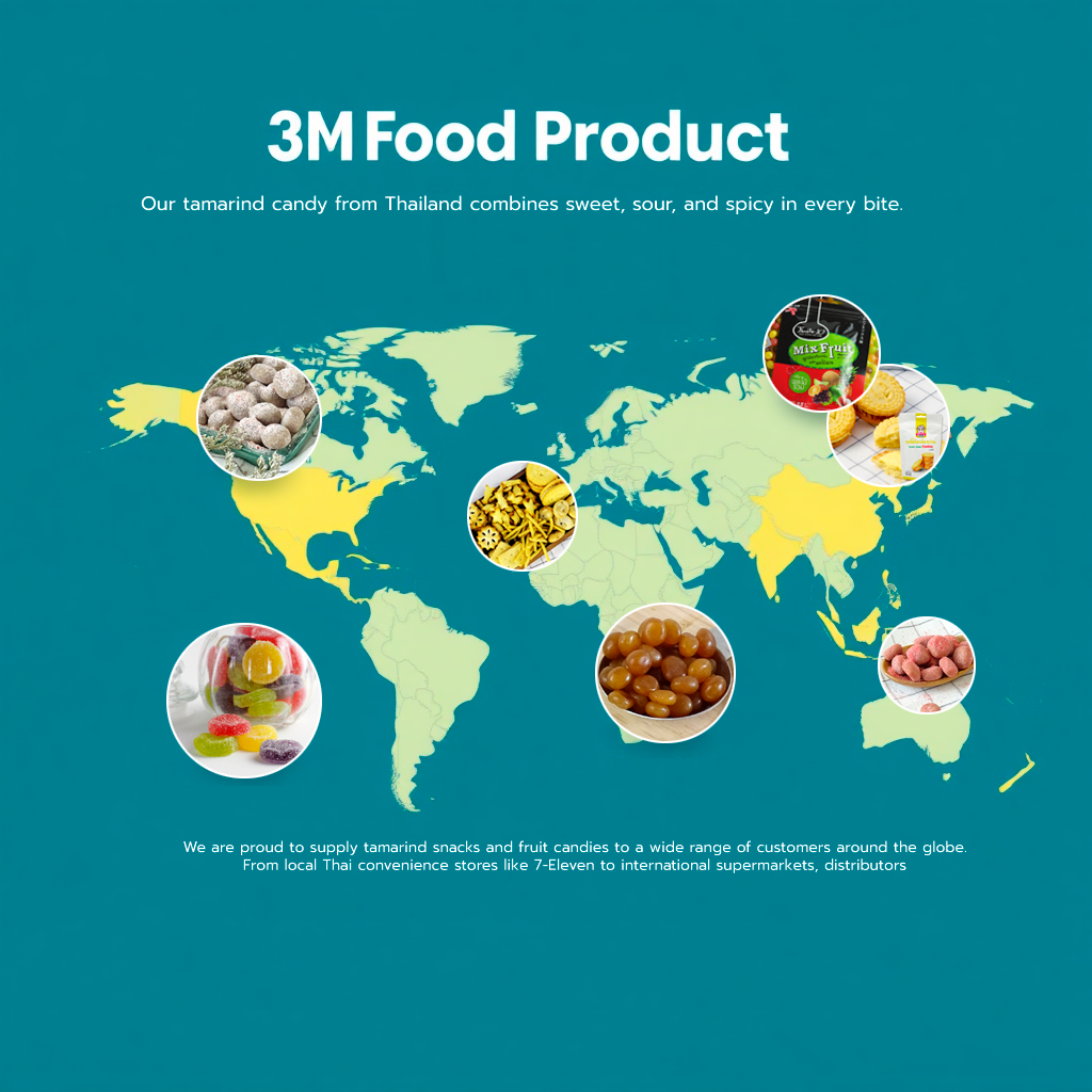 Visualize a world map with highlighted areas representing the countries where 3M Food Product exports its snacks. Use a clean, modern design with a subtle gradient background. Overlay the map with images of the company's products, such as dried mango slices and tamarind candies, to emphasize the global reach. The color palette should be professional and inviting, with a focus on blues and greens. Aim for a visually appealing representation of the company's global presence. Style reference: Infographic design with a focus on clarity and visual appeal.