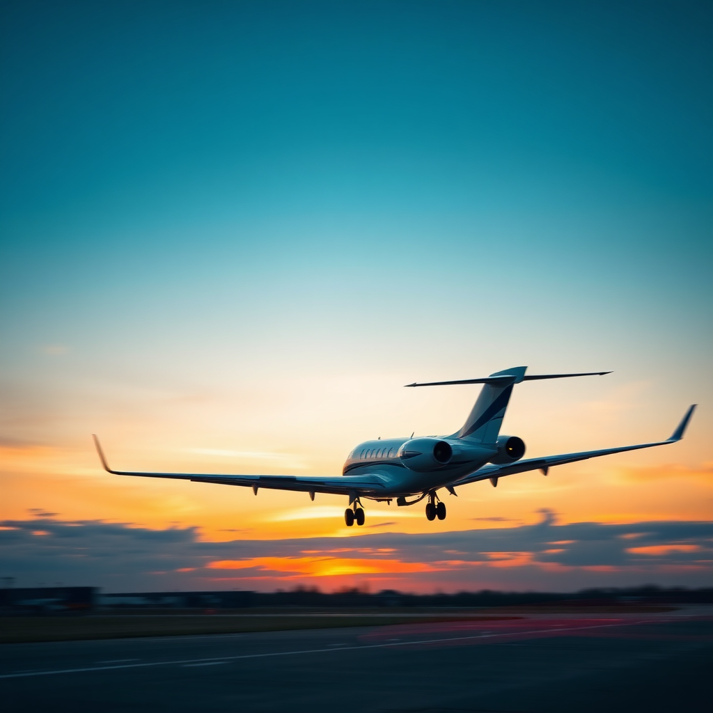 Jet taking off at sunrise