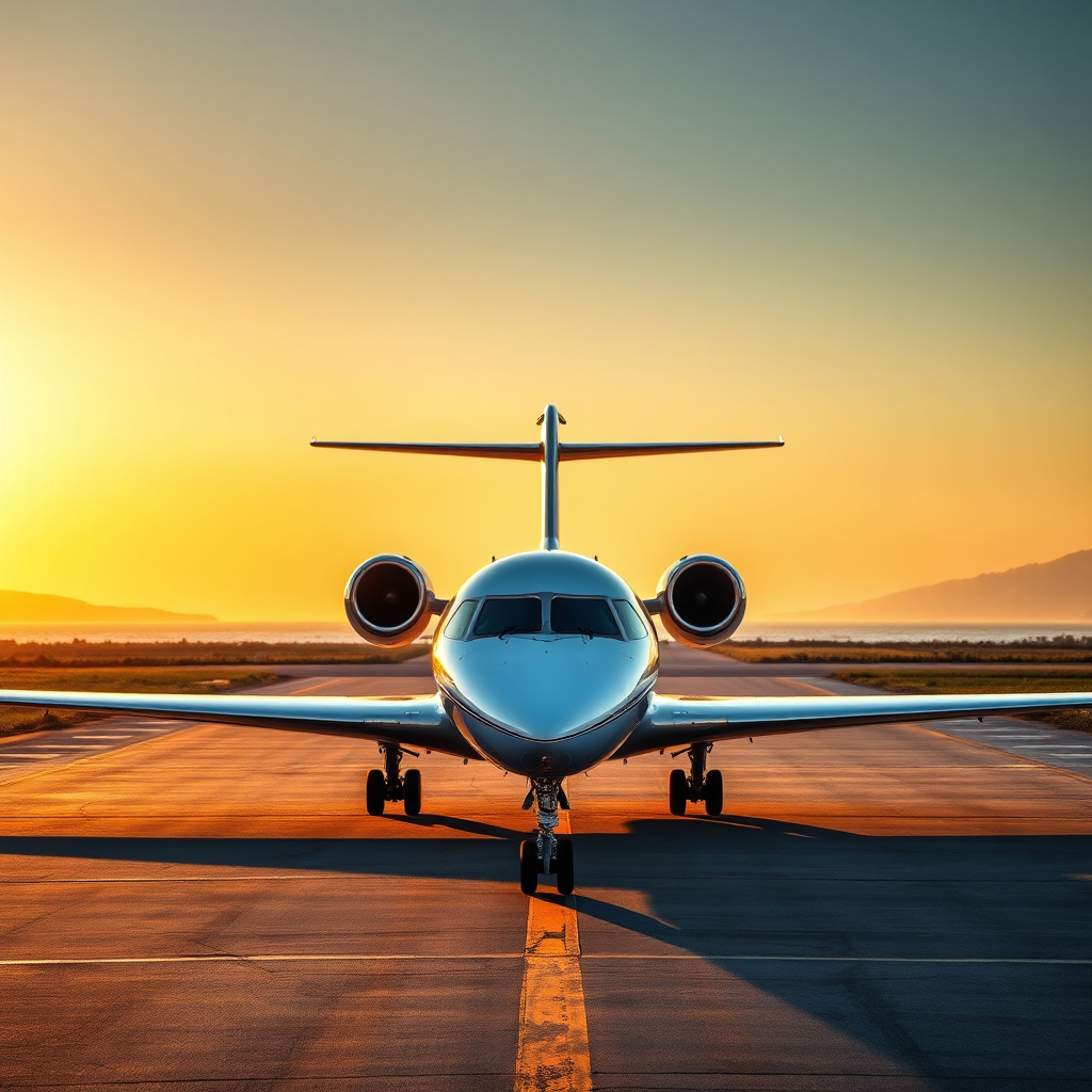 Private jet on Ibiza runway at golden hour