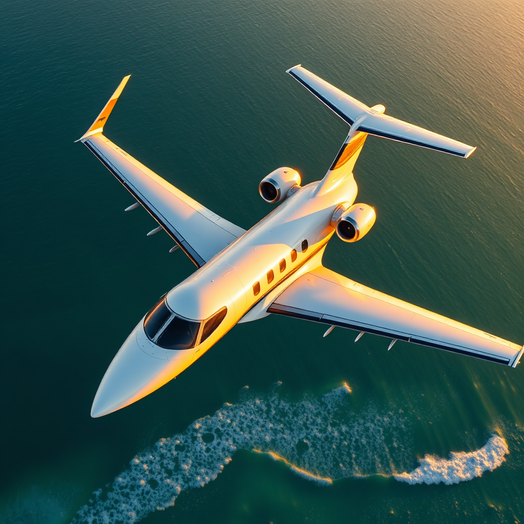 Private jet ascending over Miami coast