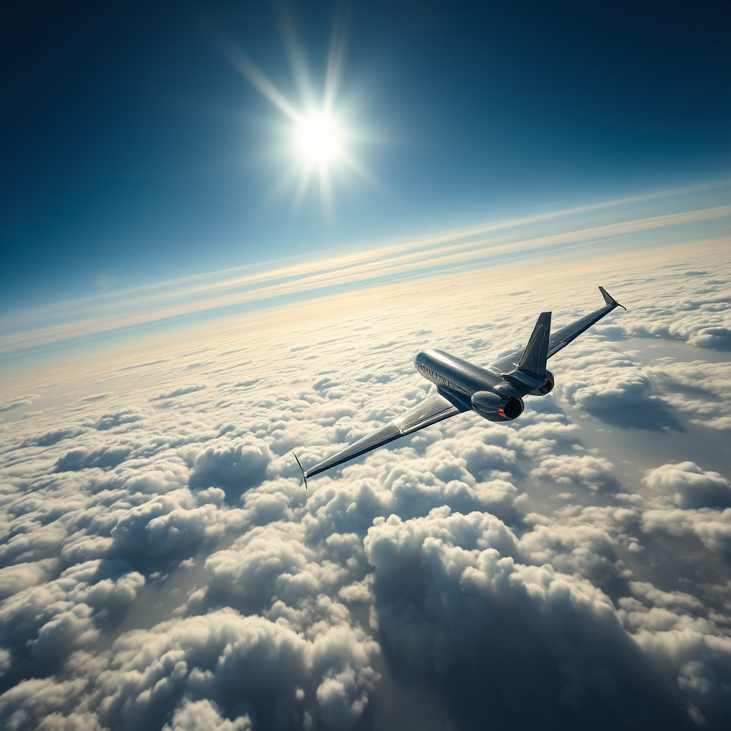 Jet cruising above Atlantic clouds