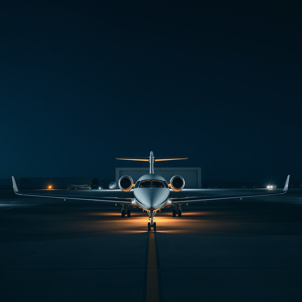 Private jet technical refueling stop at night