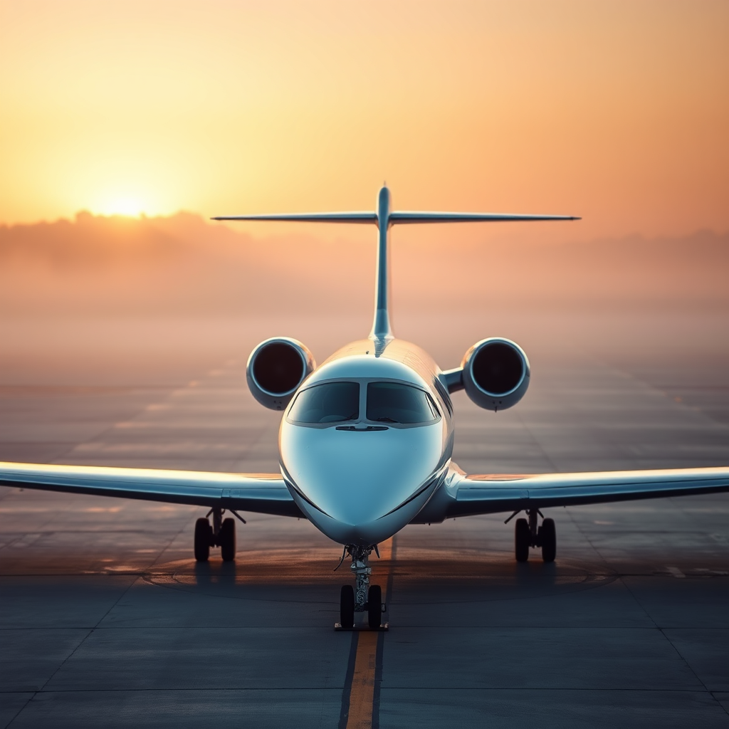 Private jet on ramp in morning light