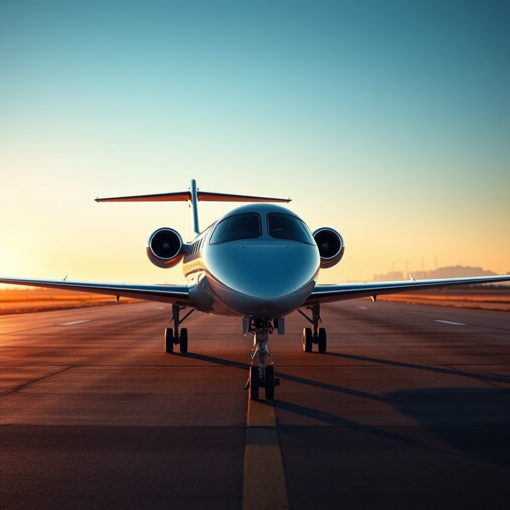 Private jet on Teterboro runway at dawn