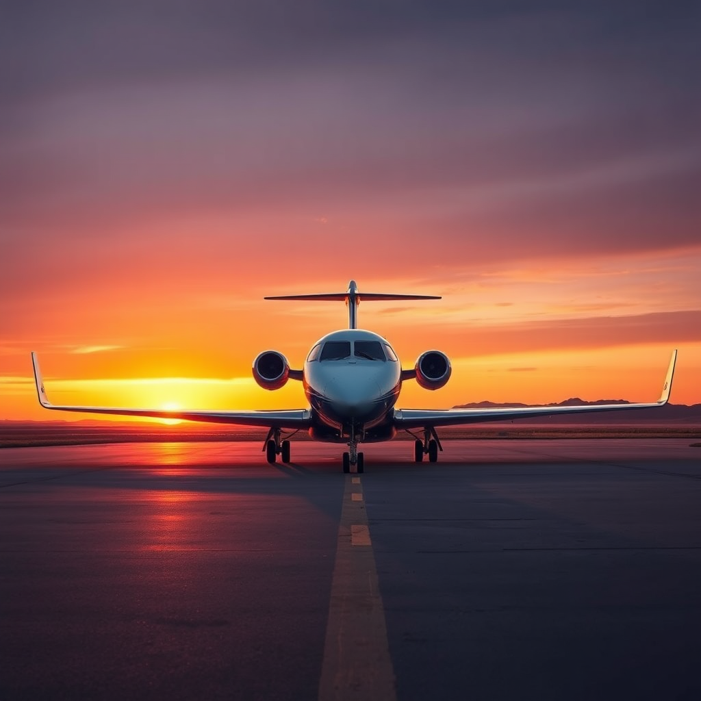 Private jet on runway at sunset