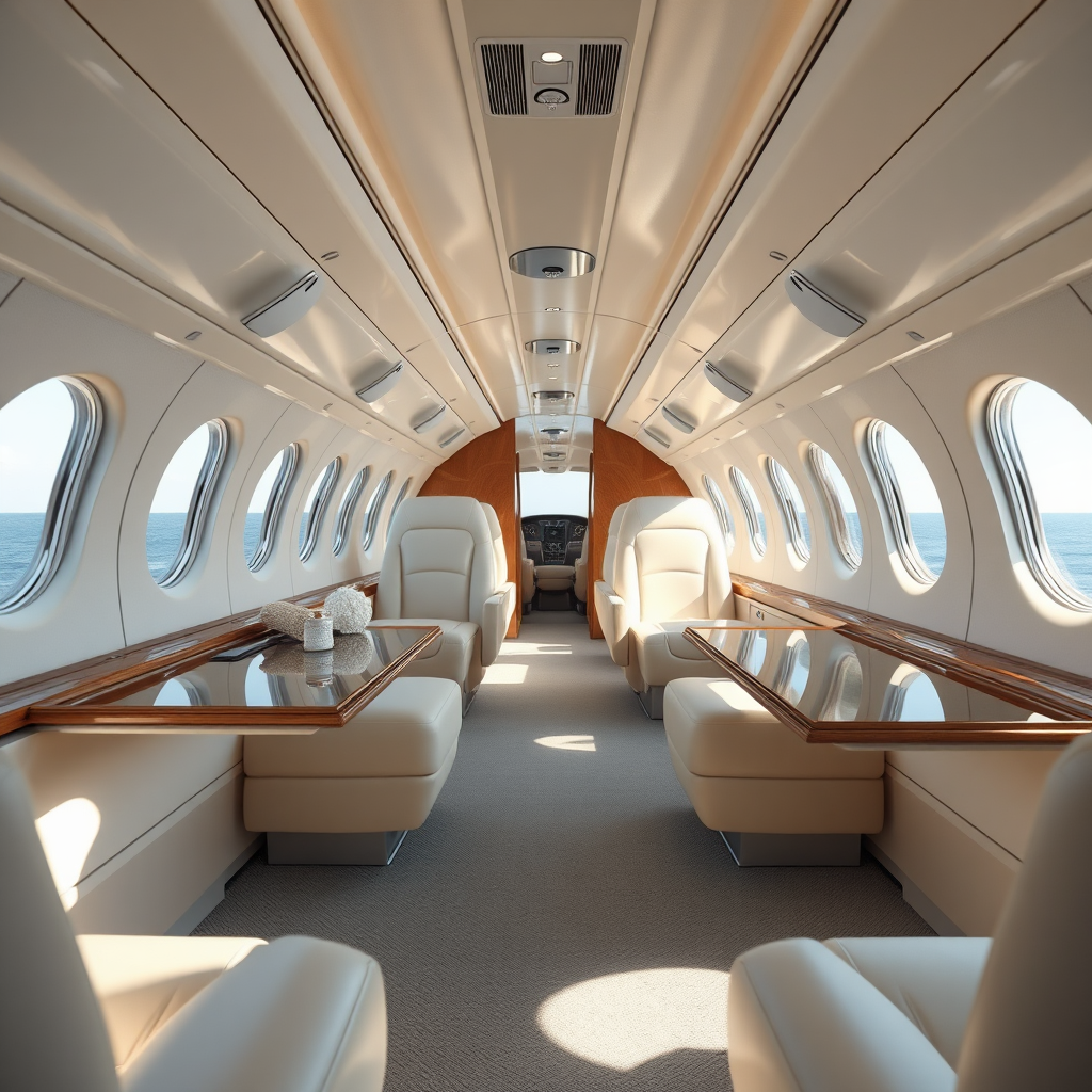 Soft, airy private jet cabin interior