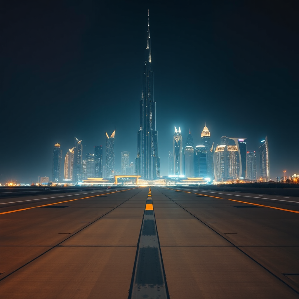 Dubai skyline and runway at night