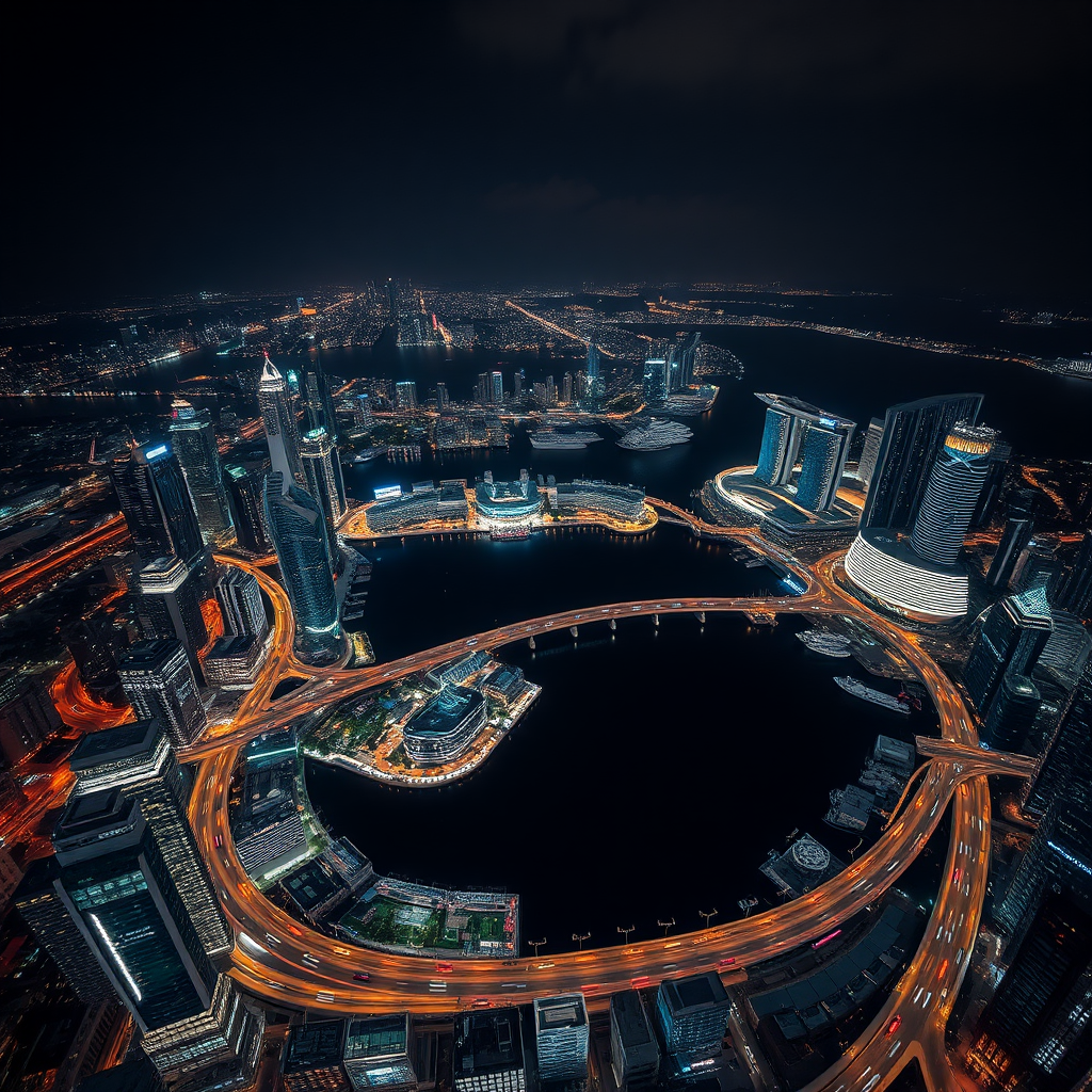 Aerial view of Singapore at night