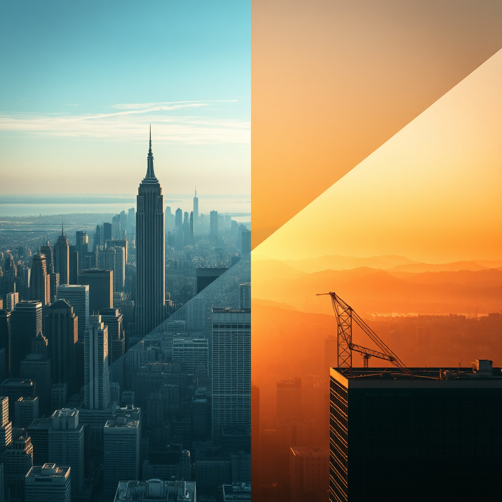 Aerial view contrasting NYC and LA