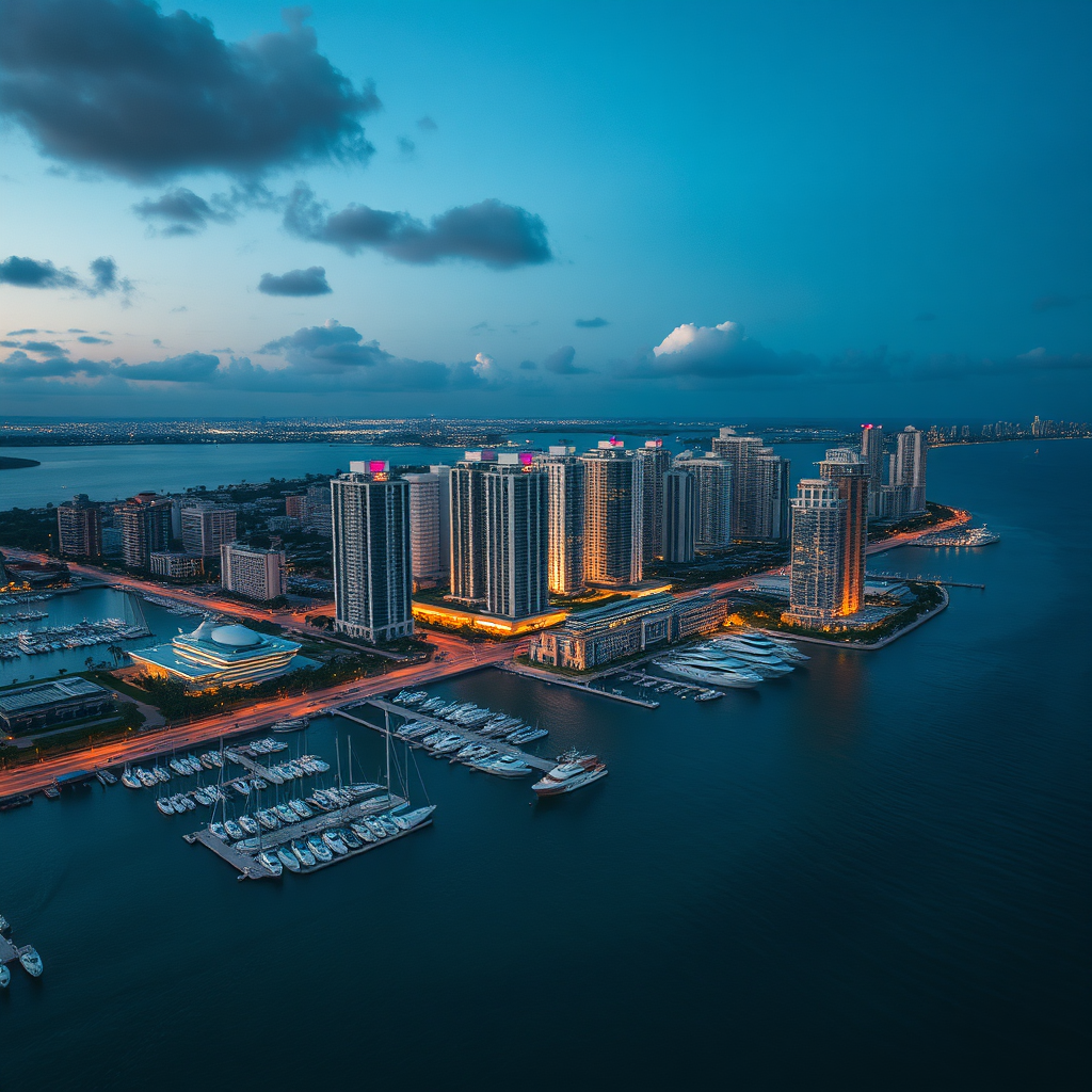 Aerial view of Miami skyline at twilight