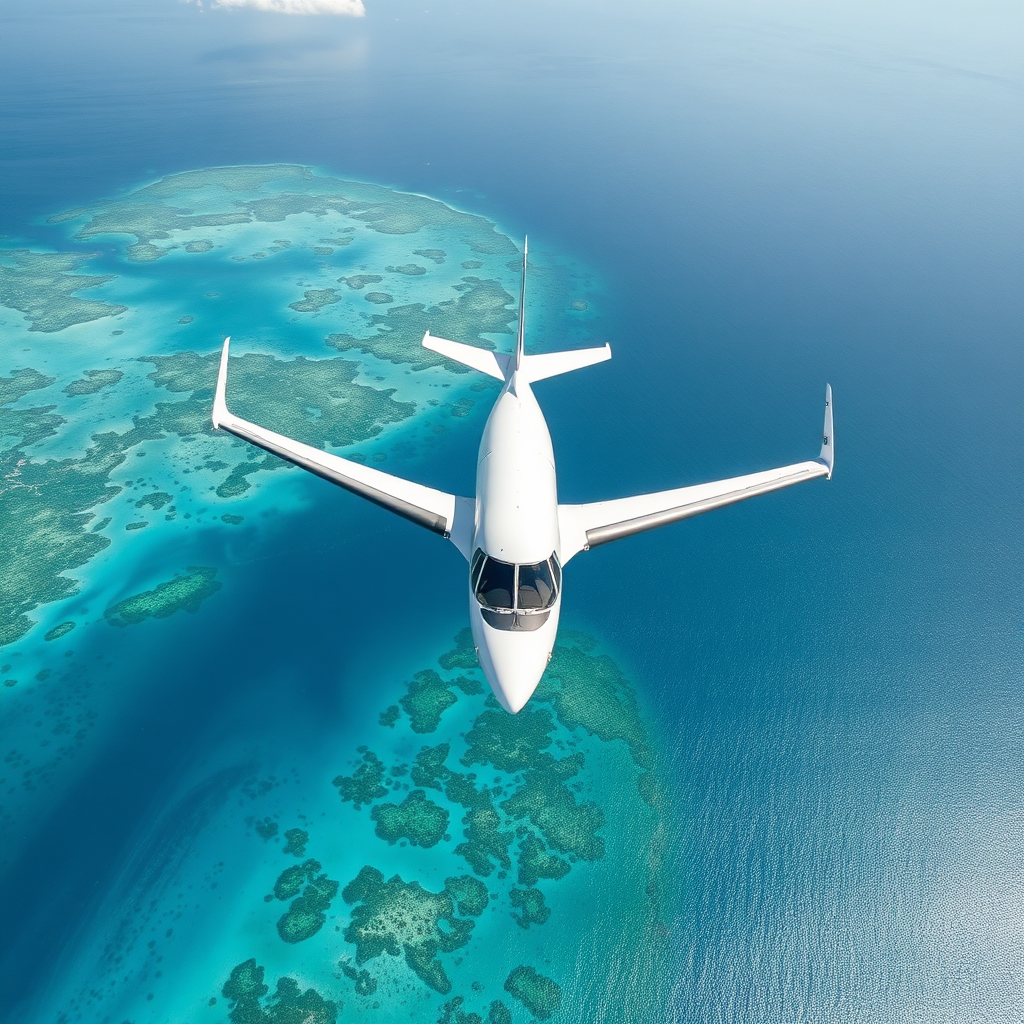 Aerial view of private jet over Caribbean