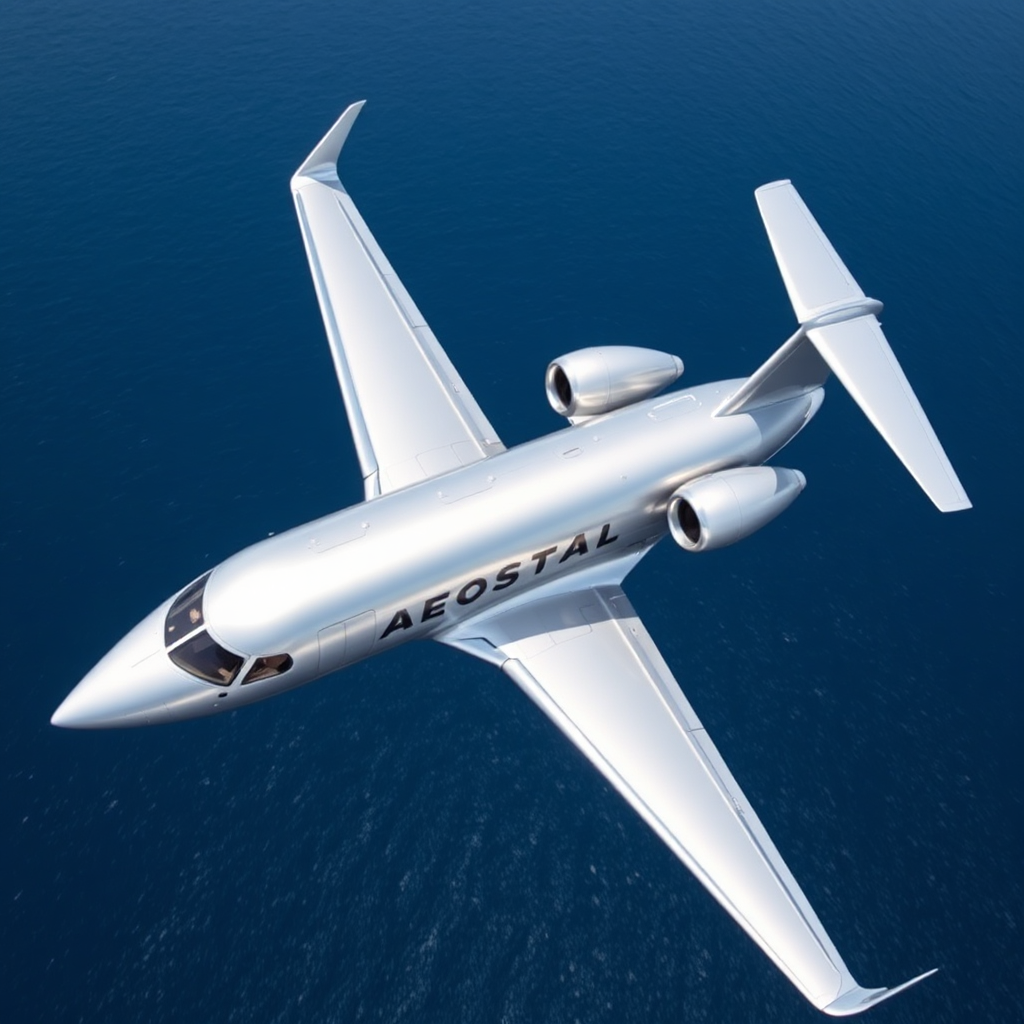 Private jet flying over ocean