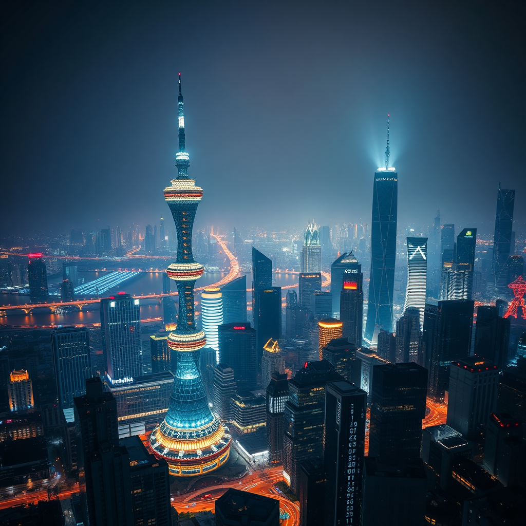 Shanghai Financial District Night Aerial