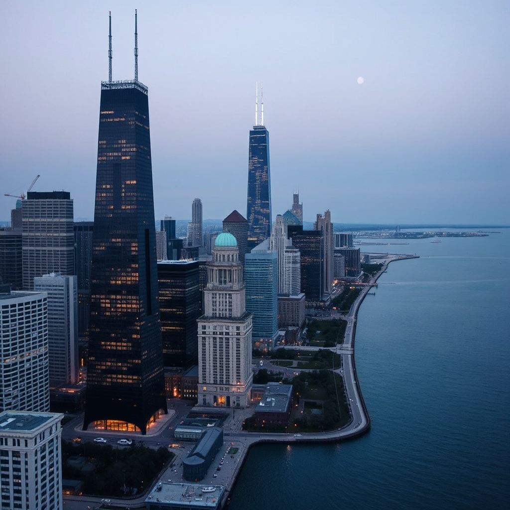 Chicago skyline aerial view at dusk