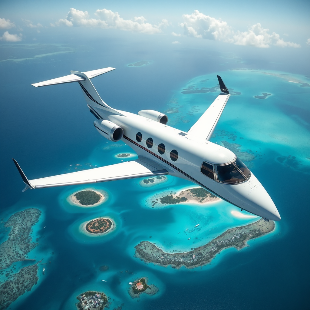 Private jet flying over Bahamas