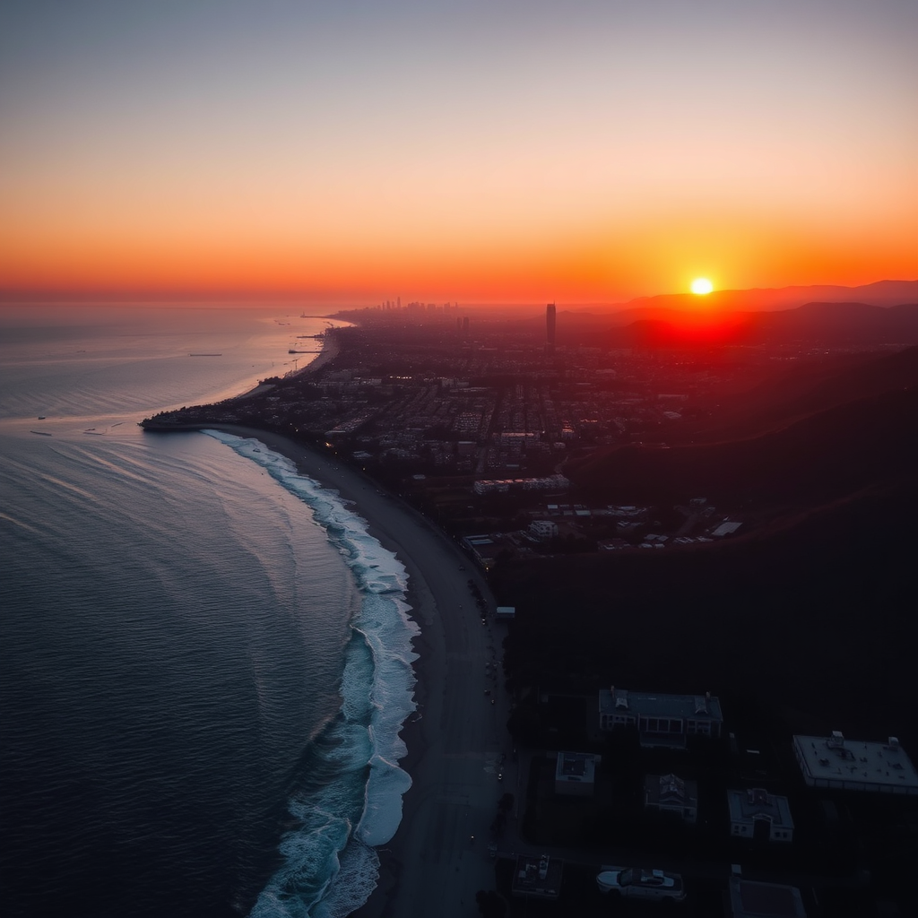 Aerial view of Los Angeles at sunset