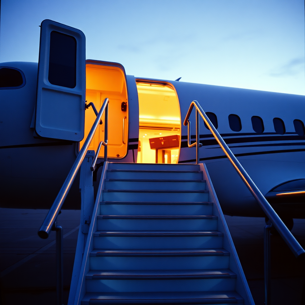 Private jet boarding at dusk