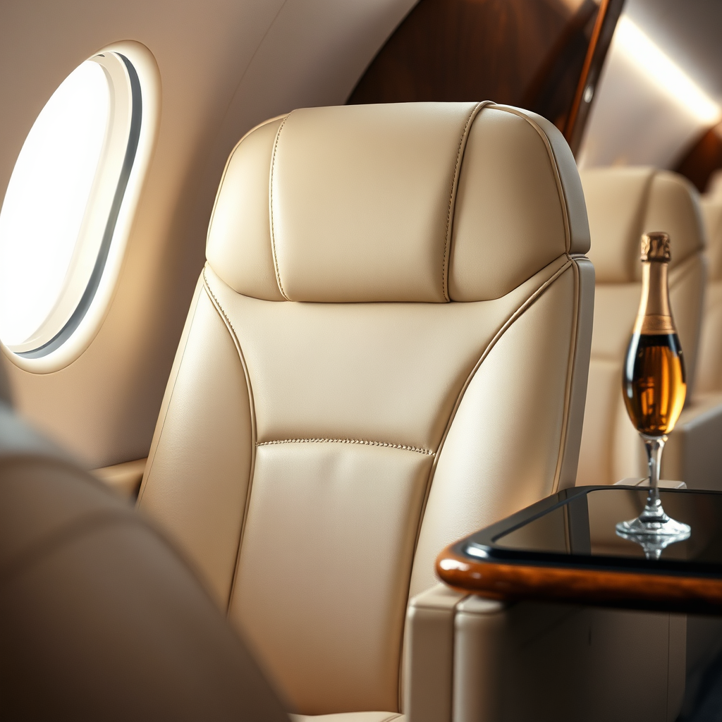 Detail of luxury private jet cabin seating and service