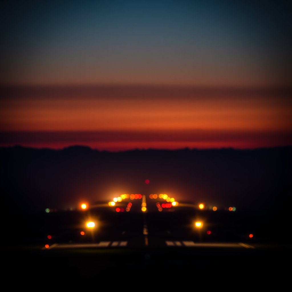 Runway lights at sunset