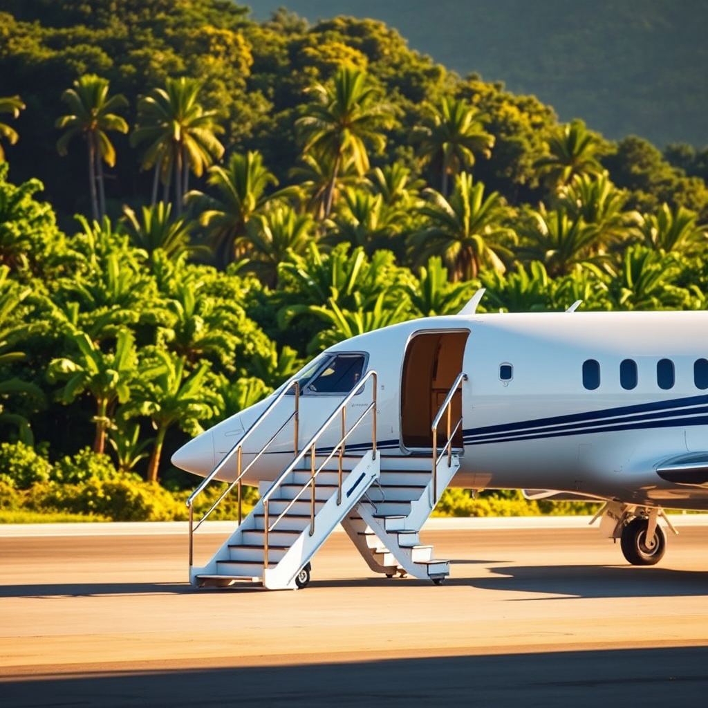 Boarding a private jet on an island airstrip