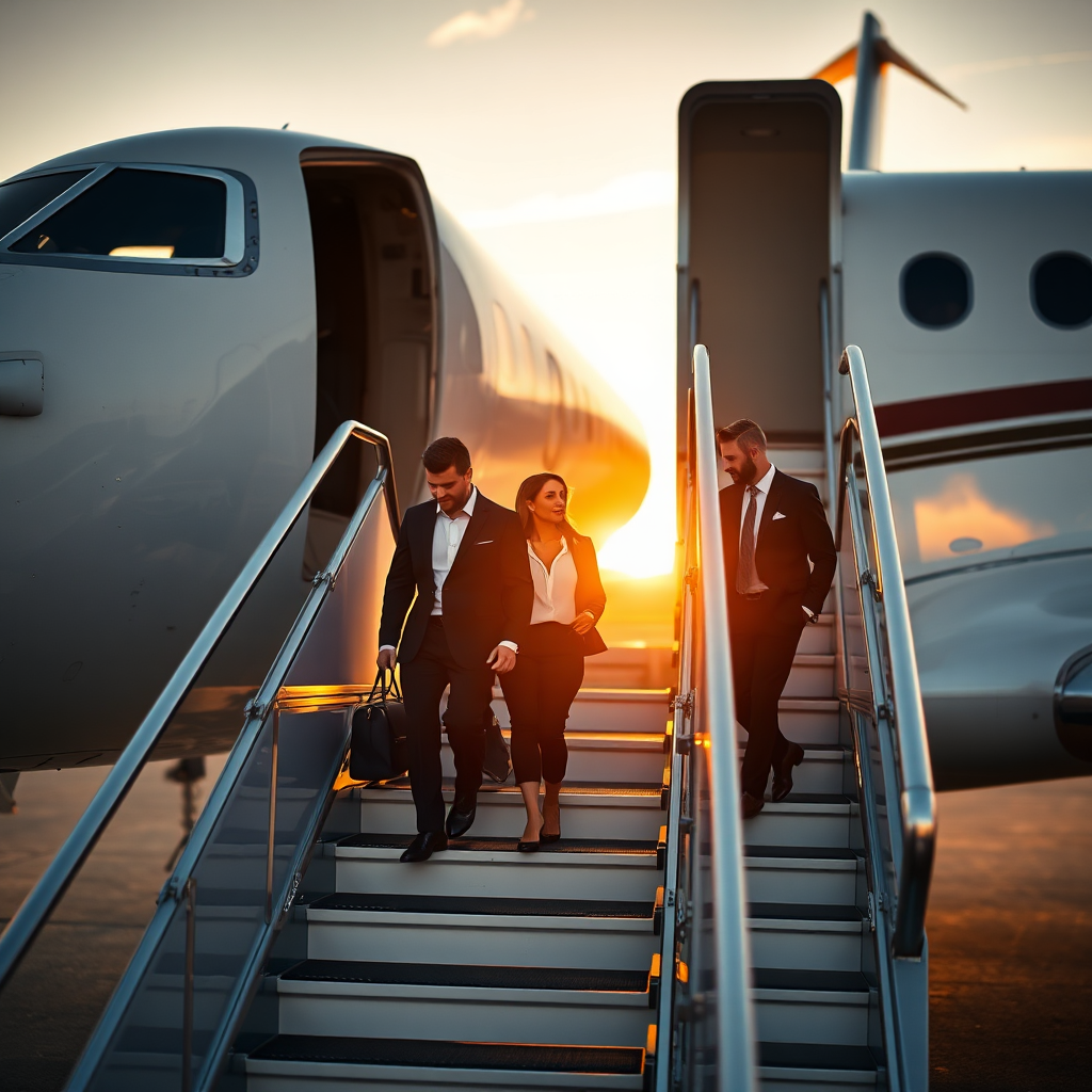 Boarding private jet in warm coastal lighting