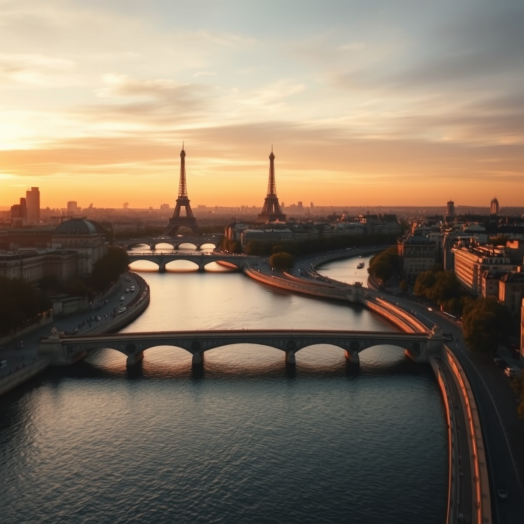 Paris aerial view at sunset