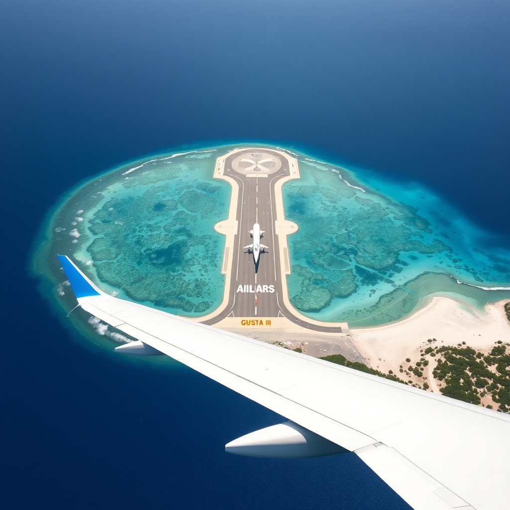 Aerial view of St. Barts runway and coastline