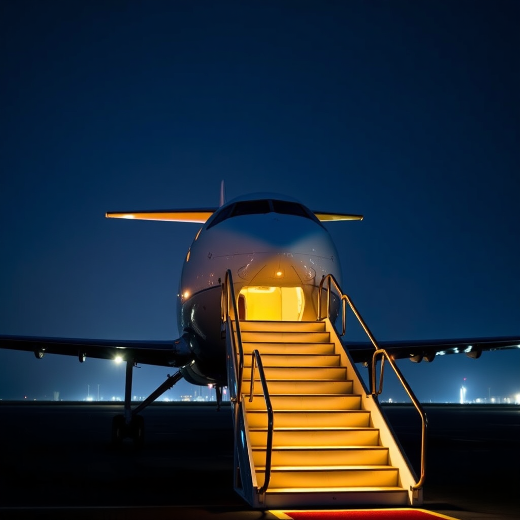 Boarding private jet at night