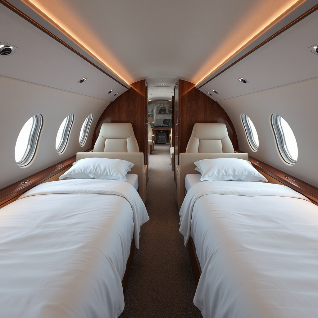 Private jet lie-flat sleeping configuration