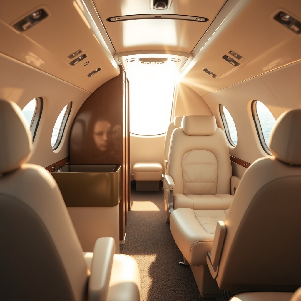 Bright private jet cabin interior