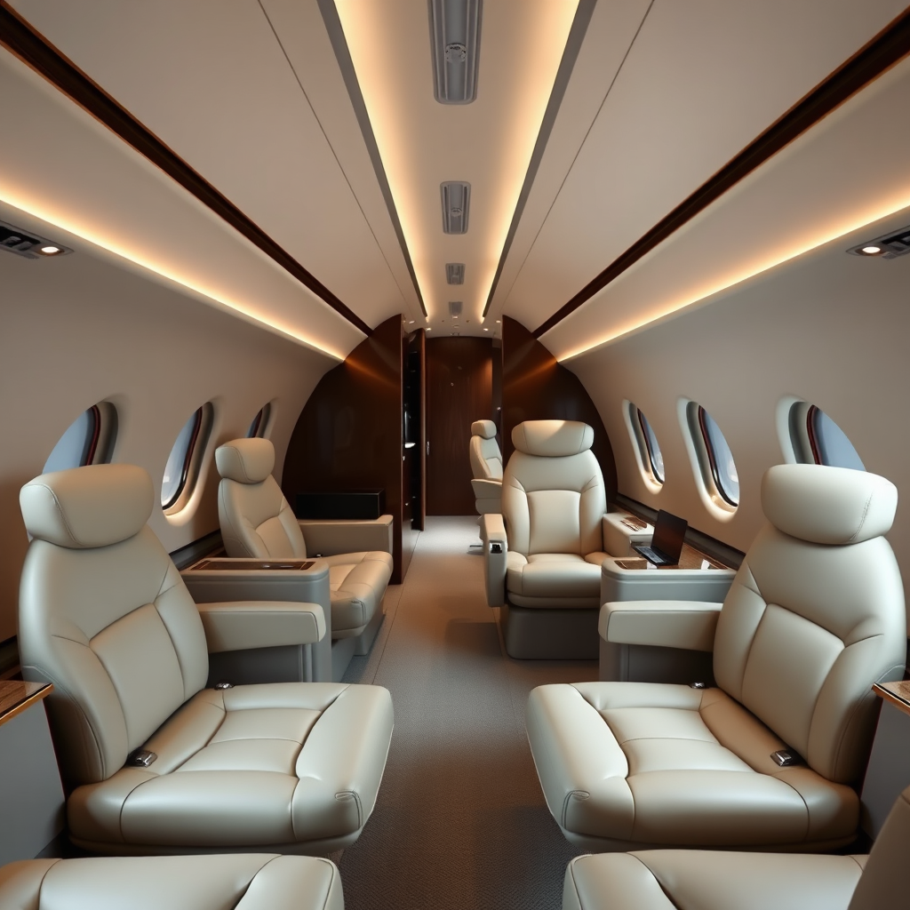 Private jet wide cabin interior
