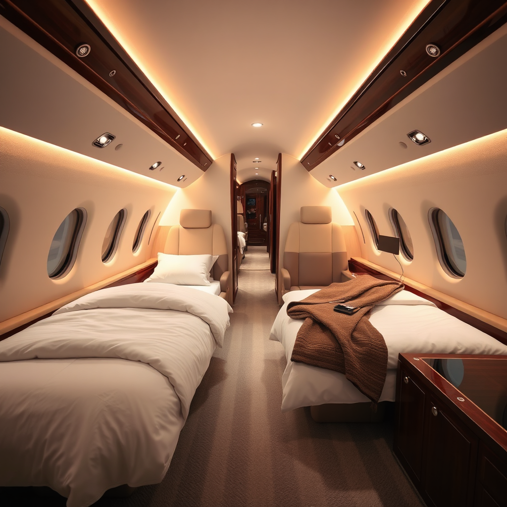 Lie-flat bed configuration in a private jet cabin