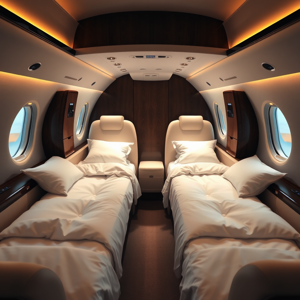 Lie-flat bed configuration in private jet